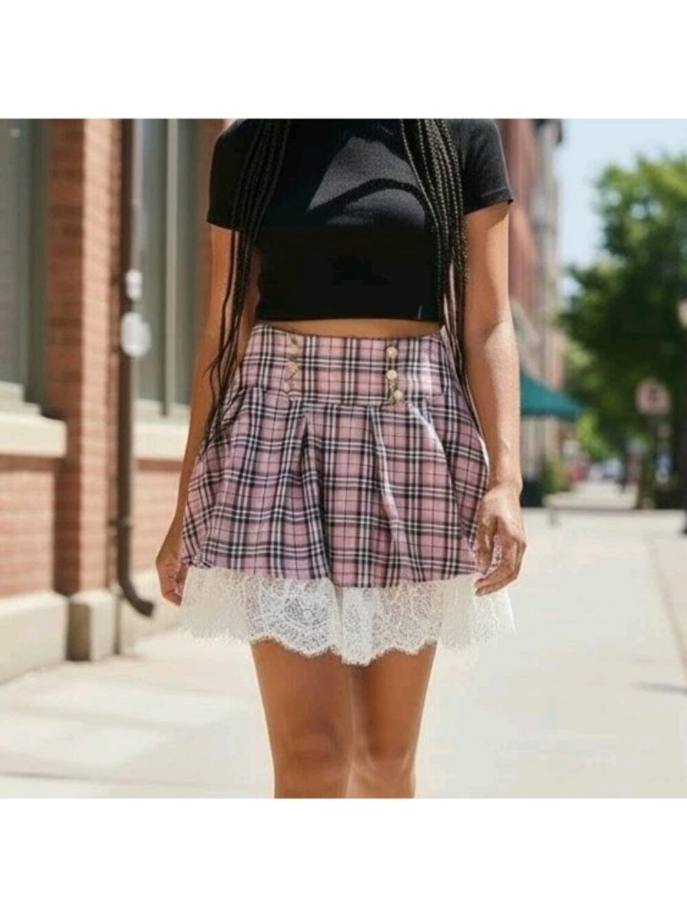 Hot‎ Topic Plaid Mini Skirt Pink Sz M Lace Trim Goth Academia Coquette